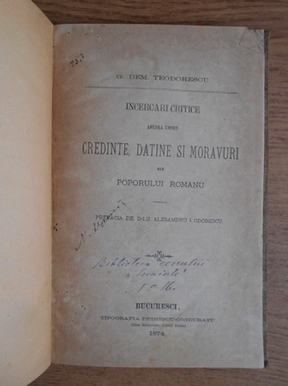 G. Dem. Teodorescu - Incercari practice asupra unor credinte, datine si moravuri ale poporului roman (1874)
