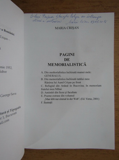 Anticariat: Maria Crisan - Pagini de memorialistica (cu autograful autorului)
