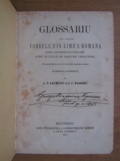 A. T. Laurianu, J. C. Massimu - Glossariu care coprinde vorbele d'in limb'a romana straine prin originea sau form'a loru (1871)