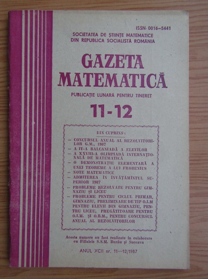 Anticariat: Gazeta Matematica, anul XCII, nr. 11-12, 1987