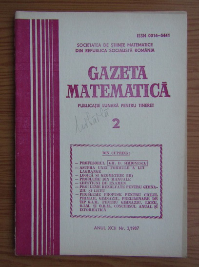 Anticariat: Gazeta Matematica, anul XCII, nr. 2, 1987