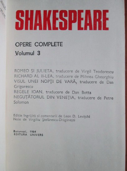 Shakespeare - Opere, Editura Univers (volumul 3)