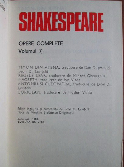 Shakespeare - Opere, Editura Univers (volumul 7)