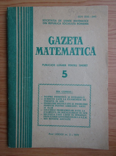 Anticariat: Gazeta Matematica, anul LXXXIV, nr. 5, 1979