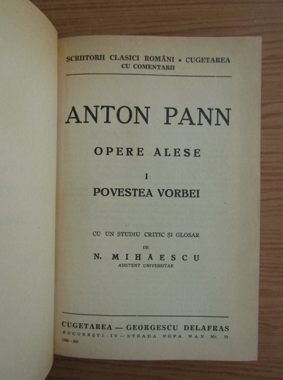 Anton Pann - Opere alese. Povestea vorbei (1941)