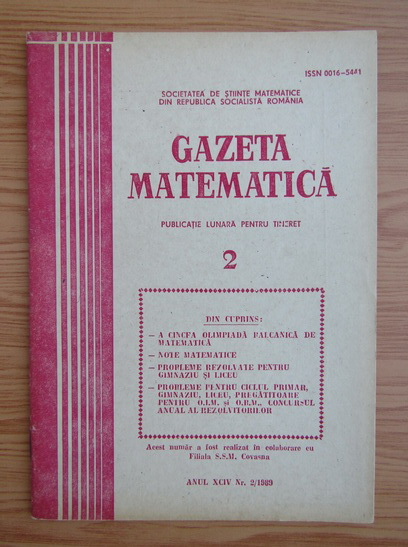 Anticariat: Gazeta Matematica, anul XCIV, nr. 2, 1989
