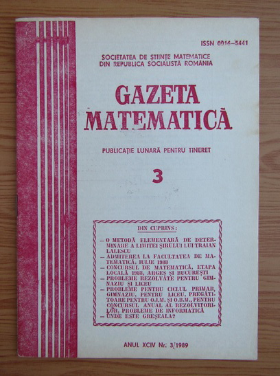 Anticariat: Gazeta Matematica, anul XCIV, nr. 3, 1989