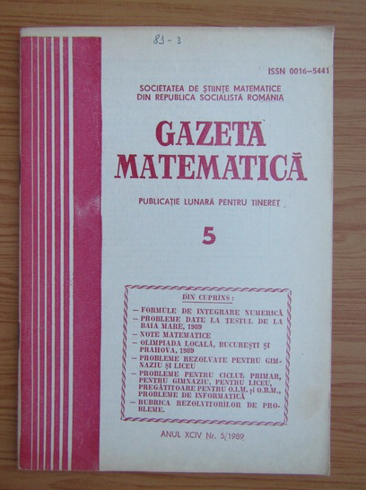 Anticariat: Gazeta Matematica, anul XCIV, nr. 5, 1989
