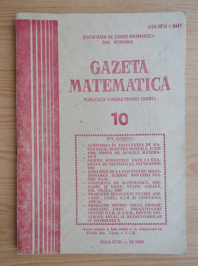 Anticariat: Revista Gazeta Matematica, anul XCIV, nr. 10, 1989