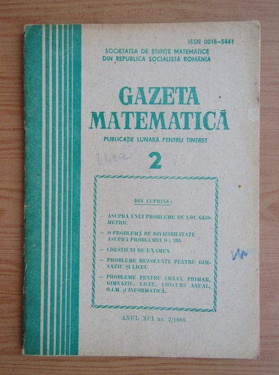 Anticariat: Gazeta Matematica, anul XCI, nr. 2, 1986