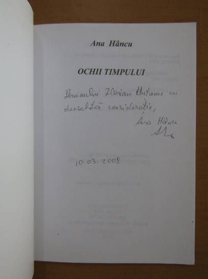 Anticariat: Ana Hancu - Ochii timpului (cu autograful autoarei)