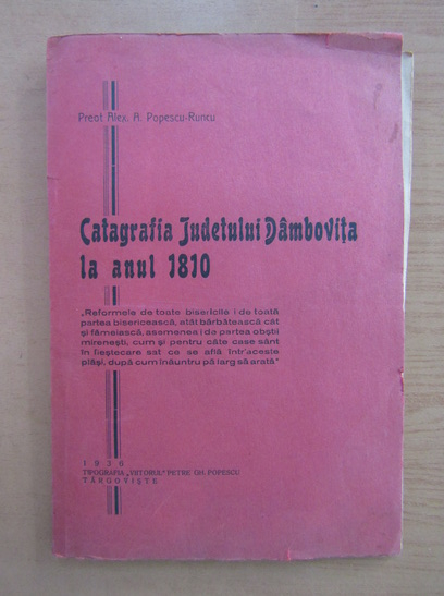 Anticariat: Alex. A. Popescu Runcu - Catagrafia Judetului Dambovita la anul 1810
