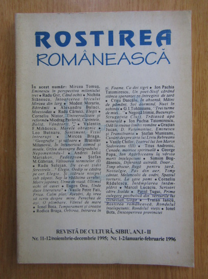 Anticariat: Revista Rostirea romaneasca, anul I-II, nr. 11-12, noiembrie-decembrie 1995, nr. 1-2, ianuarie-februarie 1996
