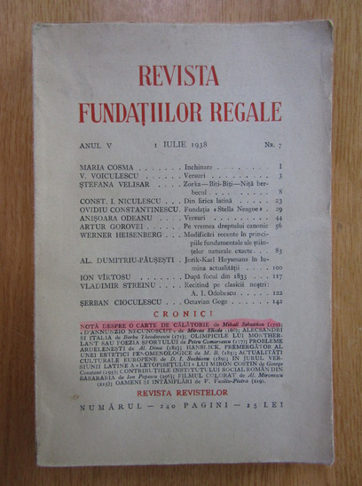 Anticariat: Revista Fundatiilor regale, anul V, nr. 7, iulie 1938