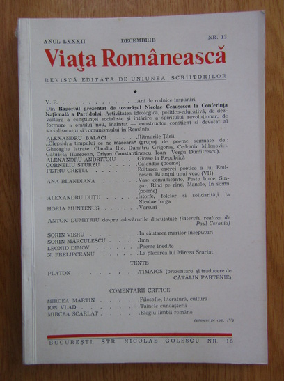 Anticariat: Revista Viata Romaneasca, anul LXXXII, nr. 12, decembrie 1987