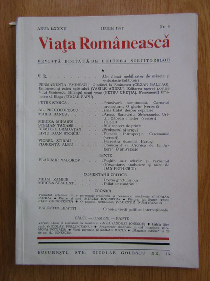 Anticariat: Revista Viata Romaneasca, anul LXXXII, nr. 6, iunie 1987