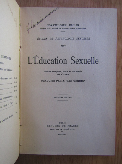 Havelock Ellis - Etudes de psychologie sexuelle, volumul 7. L'Education sexuelle