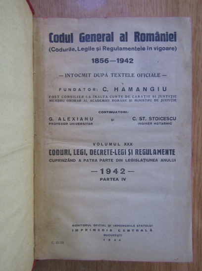 Constantin Hamangiu - Codul General al Romaniei (volumul 30, partea a IV-a)