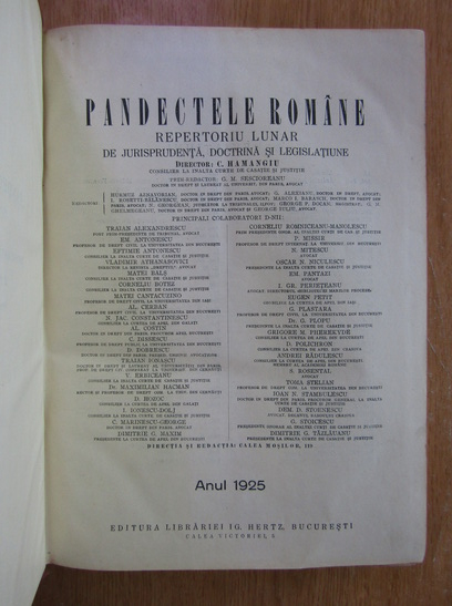 Constantin Hamangiu - Pandectele romane. Repertoriu lunar de jurisprudenta, doctrina si legislatiune. Anul 1925
