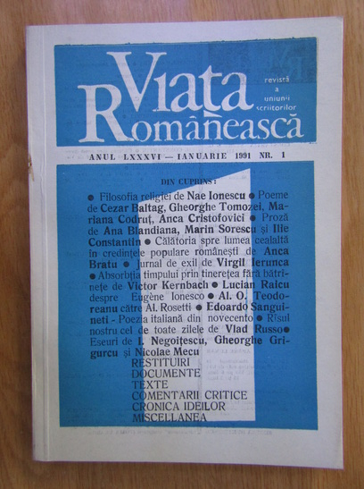 Anticariat: Revista Viata Romaneasca, anul LXXXVI, nr. 1, ianuarie 1991