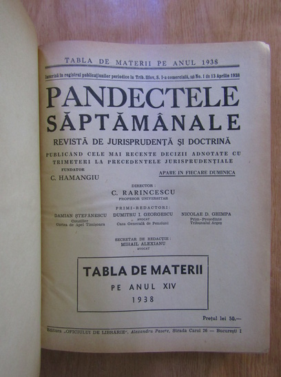 Constantin Hamangiu - Pandectele saptamanale (1938)