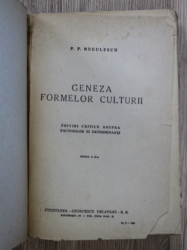 P. P. Negulescu - Geneza formelor culturii. Priviri critice asupra factorilor ei determinanti (1947)