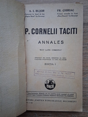 A. I. Bujor, Fr. Chiriac - P. Cornelii Taciti, annales