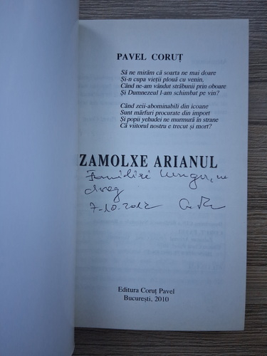 Pavel Corut - Zamolxe Arianul (cu autograful autorului)