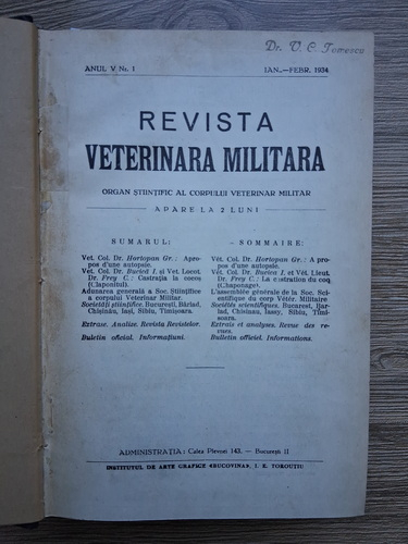 Revista veterinara militara. Organ stiintific al corpului veterinar militar (10 numere colegate, anii V-VI, 1924-1935)