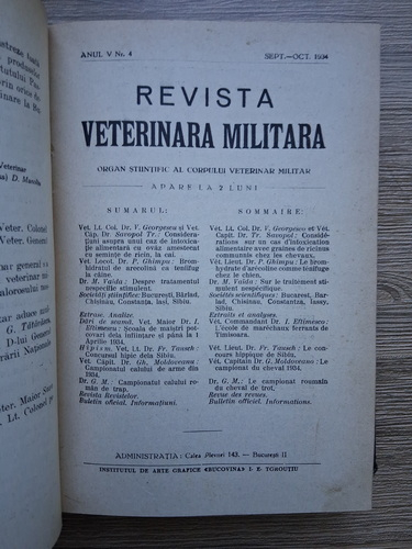 Revista veterinara militara. Organ stiintific al corpului veterinar militar (10 numere colegate, anii V-VI, 1924-1935)