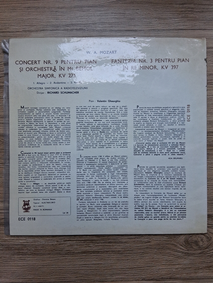 Orchestra simfonica a Radioteleviziunii Romane, Richard Schumacher, Valentin Gheorghiu - Mozart. Concert Nr. 9 pentru pian si orchestra in Mi Bemol Major. Fantezia Nr. 3 pentru pian in Re Minor 