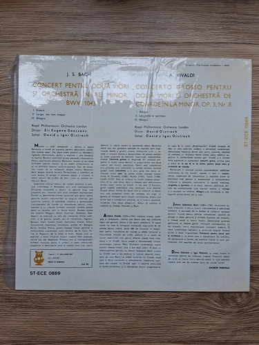 Royal Philharmonic Orchestra London, Sir Eugene Goossens, David Oistrach, Igor Oistrach - Concert Pentru Doua Viori Si Orchestra In Re Minor. Concerto Grosso Pentru Doua Viori Si Orchestra In La Minor (Johann Sebastian Bach si Antonio Vivaldi)