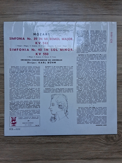 Wolfgang Amadeus Mozart - Orchestra Cocertgebouw din Amsterdam. Dirijor: Karl Bohm. Simfonia Nr. 39 in Mi Bemol Major. Simfonia Nr. 40 in Sol Minor