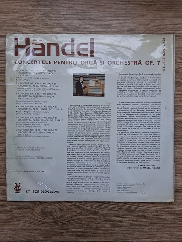 Chamber Orchestra From Bucharest, Nicolae Iliescu, Nicolae Licaret - Concertos for organ and orchestra, op. 7, HWV 306-311 (Georg Friedrich Handel, 2 viniluri)