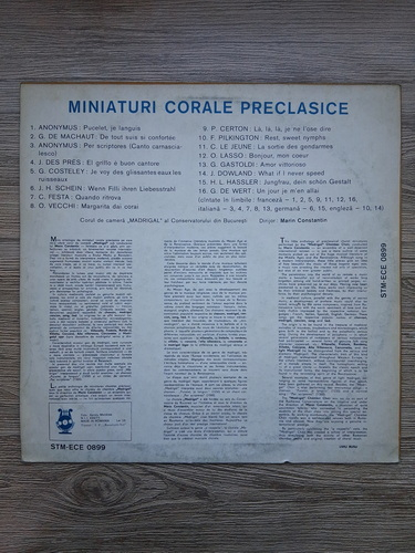Corul de camera Madrigal al Conservatorului din Bucuresti, Marin Constantin - Miniaturi corale preclasice