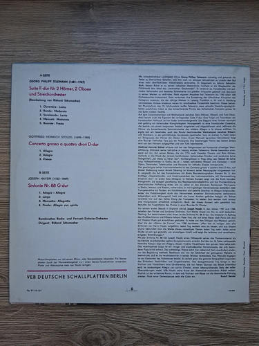 Richard Schumacher, Orchestra de camera - Suite F-dur fur 2 Horner, 2 Oboen und Streichorchester. Concerto grosso a quattro chori D-dur. Sinfonie nr. 88 G-dur (Georg Philipp Telemann, Gottfried Heinrich Stolzel, Joseph Haydn)