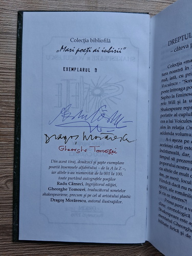 Radu Carneci, Dragos Morarescu - W. Shakespeare, V. Voiculescu. Sonete (cu autograful autorilor Radu Carneci, Gheorghe Tomozei, Dragos Morarescu, exemplarul B)