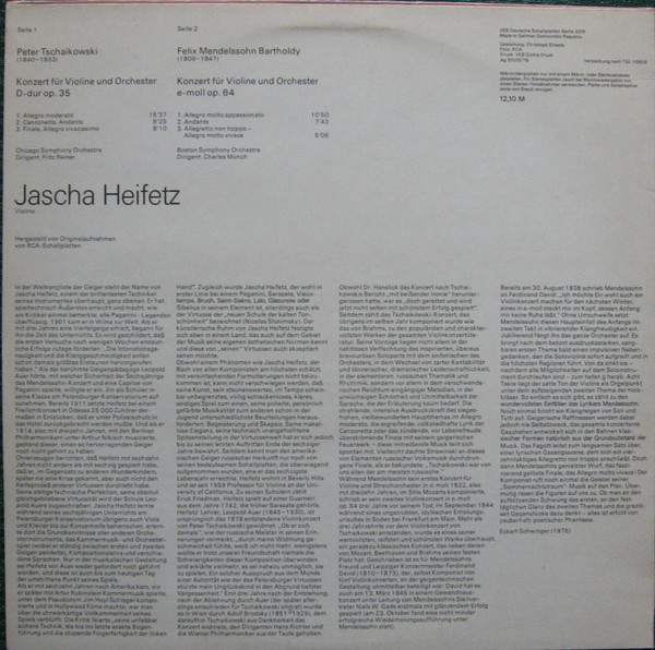 Chicago Symphony Orchestra, Boston Symphony Orchestra, Jascha Heifetz - Konzert fur Violine und Orchester D-dur op. 35 / Konzert fur Violine und Orchester E-moll op. 64 (Piotr Ilici Ceaikovski, Felix Mendelssohn Bartholdy)