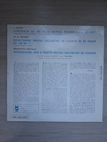 Orchestra de camera Bucuresti, Ion Voicu - Simfonia nr. 85 in Si bemol major. La Reine. Divertisment pentru orchestra de coarde in Re major KV 136 nr. 1. Introducere, arie si presto pentru orchestra de coarde (Haydn, Mozart, Benedetto Marcello)