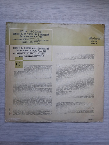 Orchestra simfonica a Radioteleviziunii Romane, Orchestra de camera din Bucuresti, Iosif Conta - Concert nr. 23 pentru pian si orchestra in La major, KV 488. Concert nr. 6 pentru vioara si orchestra in Mi bemol major, KV 268 (Wolfgang Amadeus Mozart)