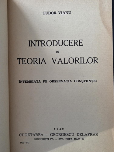 Tudor Vianu - Introducere in teoria valorilor (1942)
