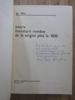 Anticariat: Alexandru Piru - Istoria literaturii romane de la origini pana la 1830 (cu autograful autorului)