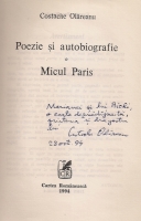 Costache Olareanu - Poezie si autobiografie. Micul Paris (cu autograful autorului)
